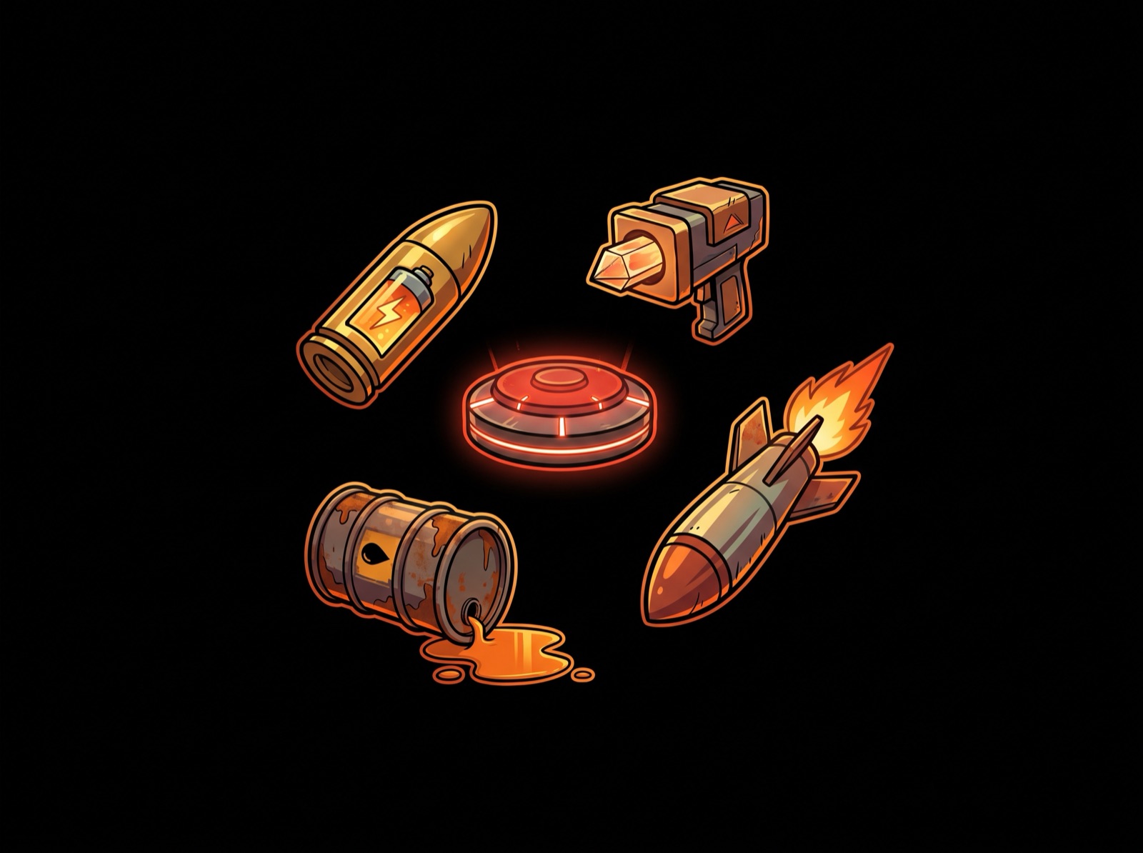 Illustrated weapon pickups: cannon shell, landmine, oil barrel, missile, laser