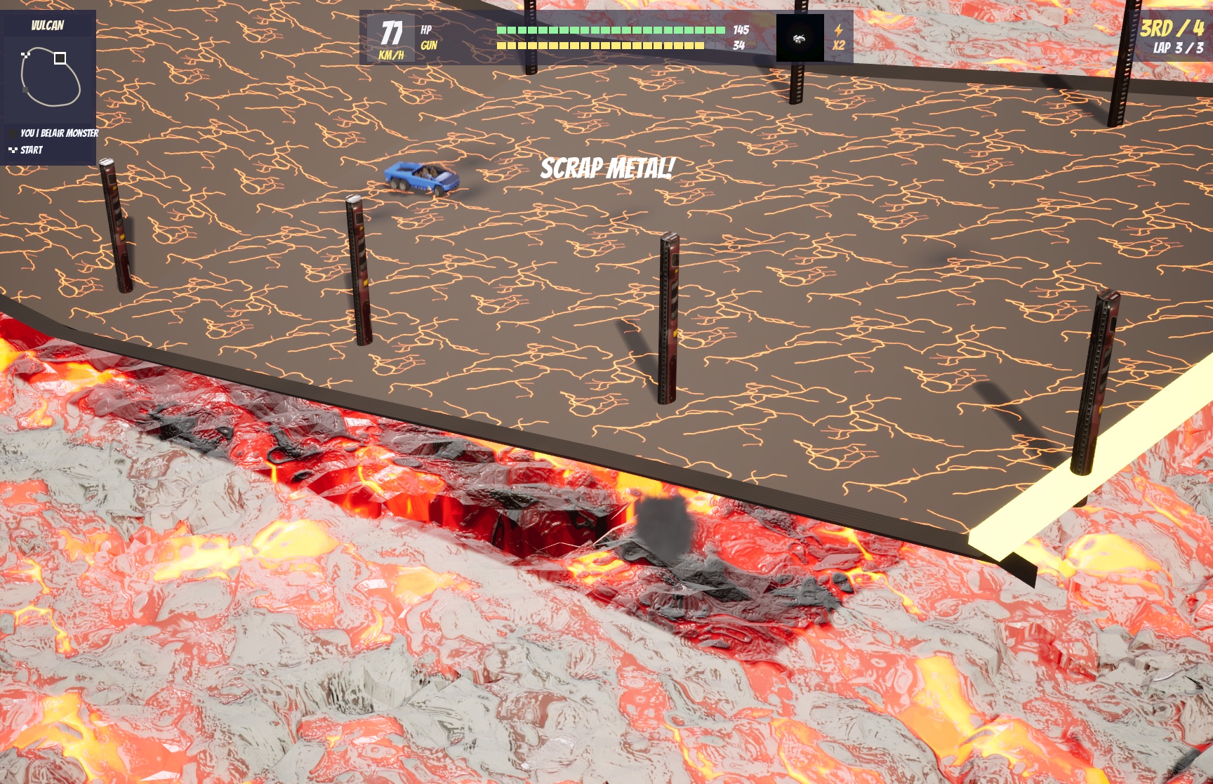 A wreck burns at the scorched edge of the Vulcan road, lava below