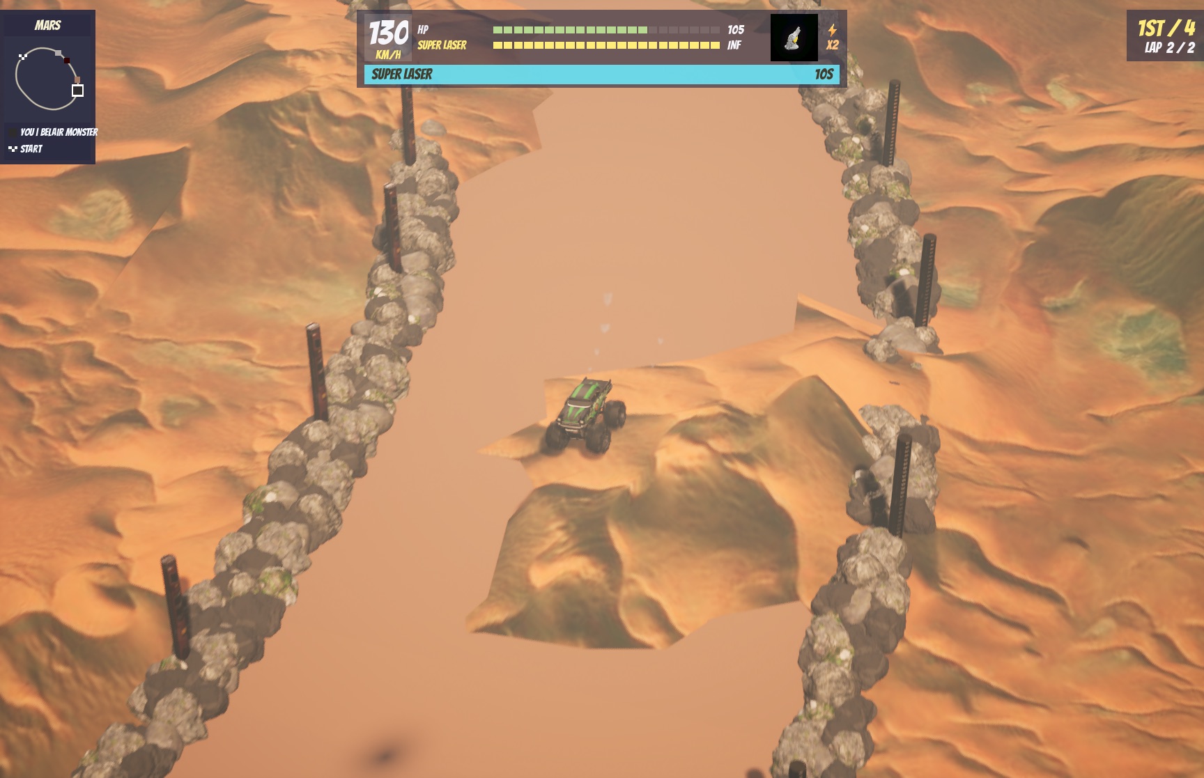 Race on Mars: armed trucks on a rust desert under a starry sky