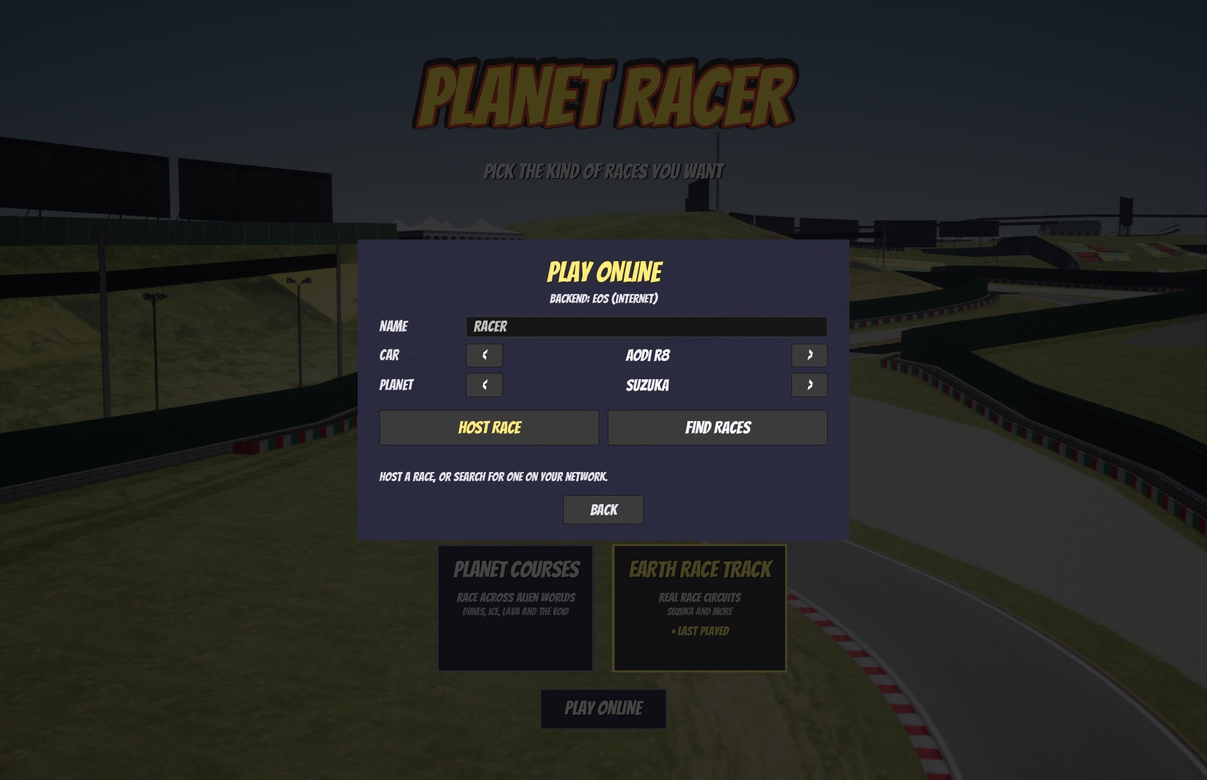The Play Online panel: host a race or find races
